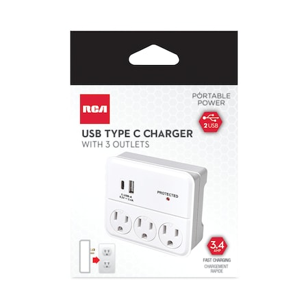 Rca Outlet Tap, USB, 3 Outlet(s) White PSWT334ACAV